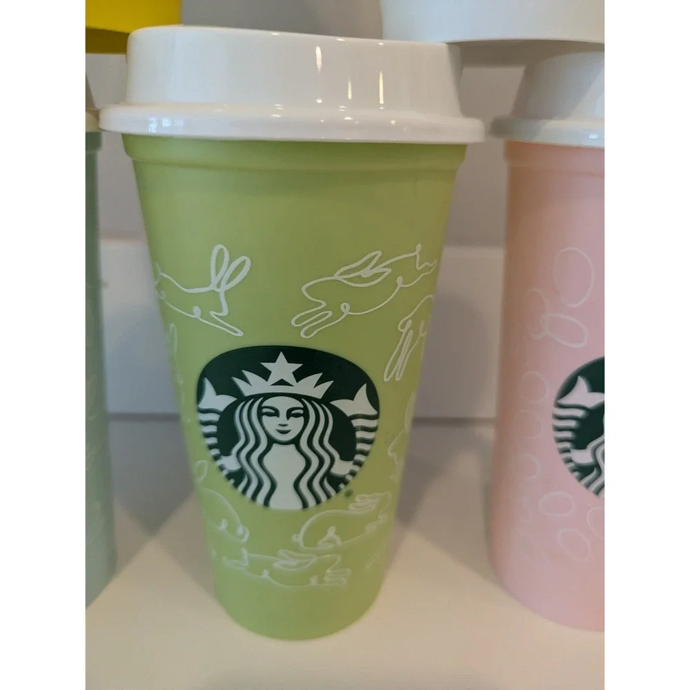 Starbucks 2018 Reusable Easter Pastel Cups Set Of 5 16oz cups W/Lids Rabbit Egg
